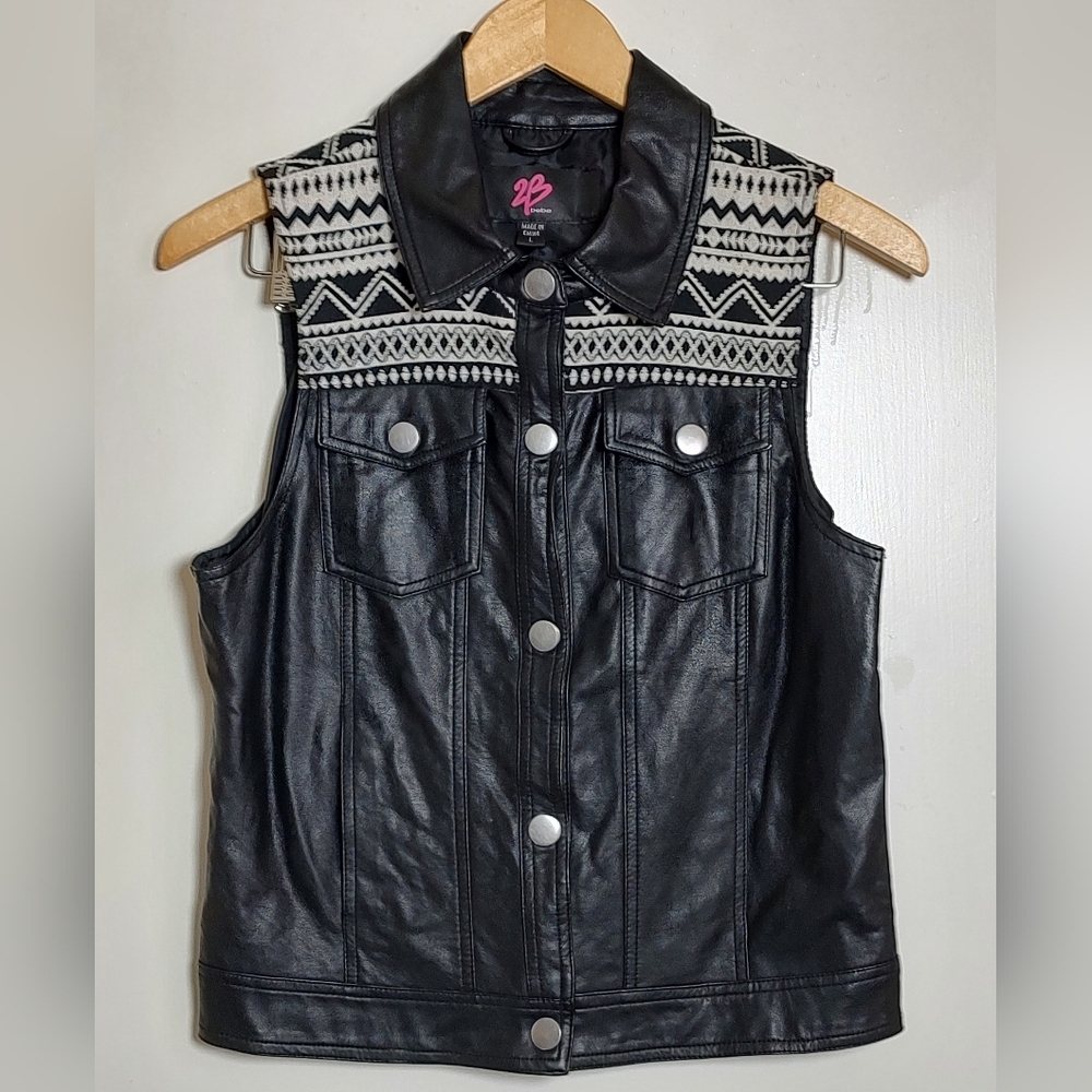 Vintage Bebe 2B Black Faux Leather Vest with Tribal Pattern